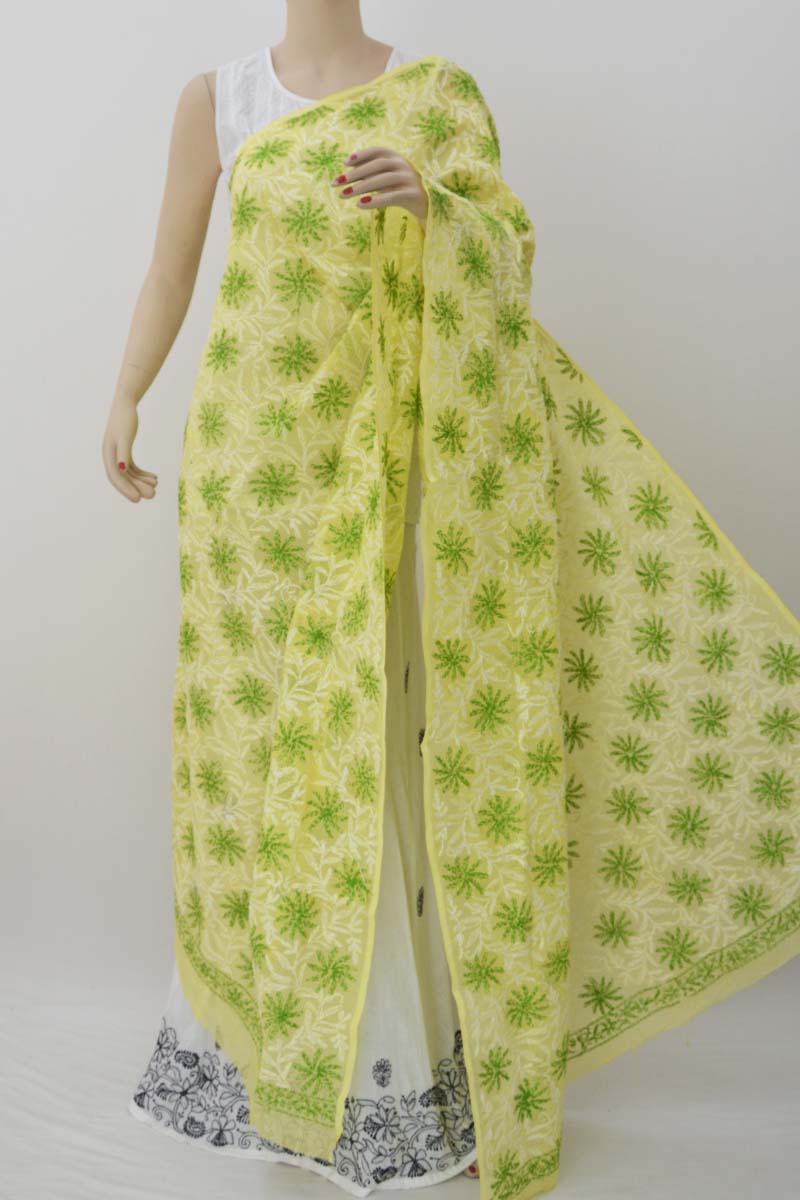 Yellow Green Allover Tepchi Hand Embroidered Lucknowi Chikankari Dupatta (Kota Cotton) MC251434